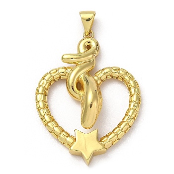 Brass Pendants, Snake with Heart Charm, Golden, 35x26x7.5mm, Hole: 5x3.5mm