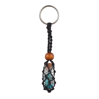 Synthetic Turquoise Wishing Bottle Keychain, Nylon Cord Macrame Pouch Stone Holder, with Iron Split Key Rings and Wood Bead, 10.5cm
