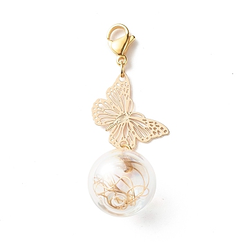 Pendant Decorations, with Butterfly Brass Links Connectors and Handmade Blown Glass Globe Beads, 304 Stainless Steel Lobster Claw Clasps & Open Jump Rings, Eco-Friendly Copper Wire, Golden, 53mm