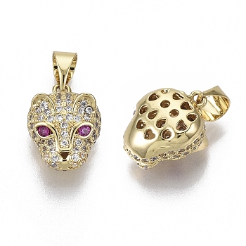 Brass Micro Pave Cubic Zirconia Charms, Nickel Free, Leopard Head, Clear, Real 18K Gold Plated, 13.5x10.5x8mm, Hole: 4mm