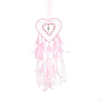 Heart Woven Web/Net with Feather Hanging Ornaments, Iron Ring and Wood Beads for Home Living Room Bedroom Wall Decorations, Pink, 580mm