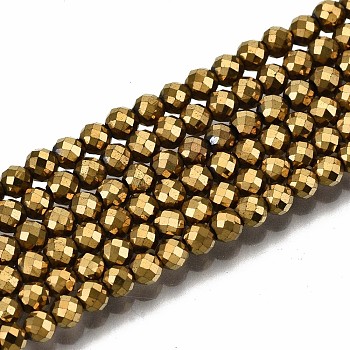 Electroplate Non-magnetic Synthetic Hematite Beads Strands, Round, Faceted, Golden Plated, 3mm, Hole: 0.8mm, about 137~139pcs/strand, 15.55 inch~15.67 inch(39.5cm~39.8cm)
