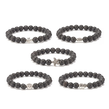 Natural Lava Rock Stretch Bracelet with Alloy Beads, Essential Oil Gemstone Jewelry for Women, Inner Diameter: 2-1/8 inch(5.5cm)