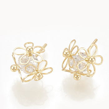 Brass Cubic Zirconia Stud Earrings, Flower, Nickel Free, Real 18K Gold Plated, 12x11mm, Pin: 0.8mm