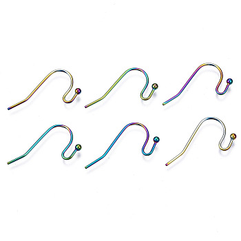 Ion Plating(IP) 304 Stainless Steel French Earring Hooks, Flat Earring Hooks, Ear Wire, with Beads, Rainbow Color, 16x21mm, 22 Gauge, Pin: 0.6mm