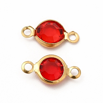 Ion Plating(IP) 304 Stainless Steel with Glass Connector Charms, Flat Round Links, Real 18K Gold Plated, Red, 12.5x7x2mm, Hole: 1.5mm