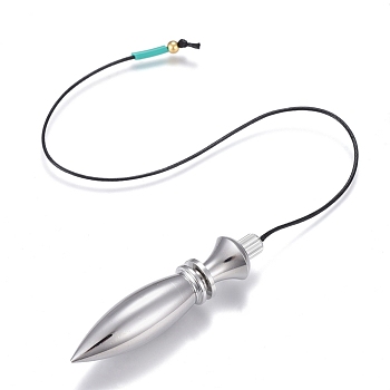 Brass Openable Pointed Dowsing Pendulums, with Brass Beads and Plastic Beads, Leather Cord, Bullet, Long-Lasting Plated, Platinum & Golden, 305mm, Pendant: 64x13mm