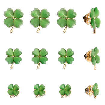 12Pcs 3 Size Green Resin Clover Lapel Pin Brooch, Alloy Badge for Backpack Clothes, Light Gold, 14~24x11.5~19x3.5~4.5mm, Pin: 1mm