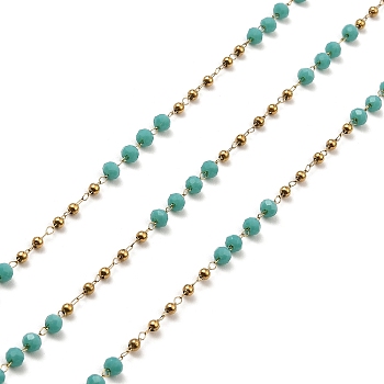 Rondelle Glass Beaded Link Chains, with Golden 304 Stainless Steel Paperclip Chains, Soldered, with Spool, Light Sea Green, 3x2.5mm, 2mm, about 32.81 Feet(10m)/Roll