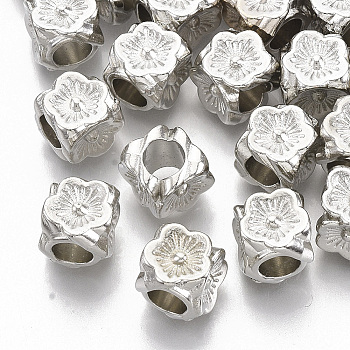 Plating ABS Plastic European Beads, Large Hole Beads, Cube with Flower, Platinum, 8.5x8.5x8.5mm, Hole: 4.5mm