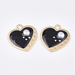 Epoxy Resin Pendants, with ABS Plastic Imitation Pearl and Glass, Alloy Findings and Enamel, Heart, Matte Gold Color, Black, 35x33.5x5.5mm, Hole: 3x4.5mm(RESI-S365-69A)