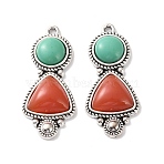 Bohemia Tibetan Style Alloy & Enamel Acrylic Pendants, Triangle with Round Charms, Antique Silver, Red, 34x15x5mm, Hole: 1.6mm(FIND-T074-06AS)