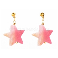 Natural Agate Star Dangle Stud Earrings, with Iron Ball Stud Earring Findings and Brass Ear Nuts, Golden, Hot Pink, 1-1/2 inch(38mm), Pin: 0.7mm(EJEW-JE04420-04)