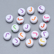 Craft Acrylic Horizontal Hole Letter Beads, Flat Round, Mixed Color, Letter.J, 7x3.5~4mm, Hole: 1.5mm, about 3600pcs/500g(SACR-S201-11J)
