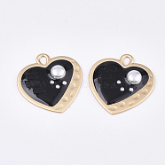 Epoxy Resin Pendants, with ABS Plastic Imitation Pearl and Glass, Alloy Findings and Enamel, Heart, Matte Gold Color, Black, 35x33.5x5.5mm, Hole: 3x4.5mm(RESI-S365-69A)