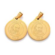 304 Stainless Steel Pendants, Flat Round with Saint Padre Pio, Golden, 26.5x23x2.5mm, Hole: 6x4mm(STAS-I121-20G)