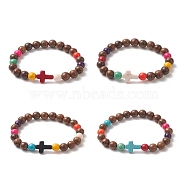 Dyed Synthetic Turquoise Cross & Wood Round Beaded Stretch Bracelet for Women, Mixed Color, Inner Diameter: 1-3/4 inch(4.5cm)(BJEW-JB09276)