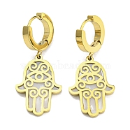 Ion Plating(IP) 304 Stainless Steel Dangle Hoop Earring with Synthetic Shell, Hamsa Hand with Evil Eye, Golden, 38x16.5mm(EJEW-H097-02G)