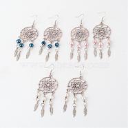Alloy Glass Pearl Dangle Earrings, Woven Net/Web with Feather, with Brass Earring Hooks, Mixed Color, 85mm, pin: 0.8mm(EJEW-JE02097)