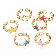 Brass Enamel Cuff Rings, Open Rings, Nickel Free, Curb Chain, Star, Real 16K Gold Plated, Mixed Color, US Size 8 3/4(18.7mm)(RJEW-N035-009-NF)