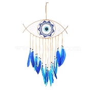 Wooden Woven Net/Web with Feather Pendant Decotations, with Dyed Feather and Silk Cord, Wall Hanging Ornament for Car, Home Decor, Evil Eye, Dodger Blue, Pendant: 550x370mm(FEAT-PW0001-120B)