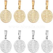 304 Stainless Steel Pendants, Religion, Flat Round with Saint Benedict, Golden & Stainless Steel Color, 15x12x2mm, Hole: 5x3mm, 2 colors, 8pcs/color, 16pcs/box(STAS-UN0007-93)