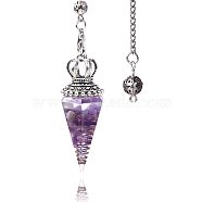 Natural Amethyst Chip & Resin Dowsing Pendulum Big Pendants, with Platinum Plated Metal Crown, Cone Charm, 300mm(PW-WG89635-07)