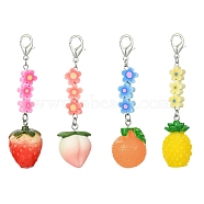 Fruit Resin Pendant Decoration, Zinc Alloy Lobster Claw Clasps and Flower Polymer Clay Beads Charm, Mixed Color, 77~84mm, 4pcs/set(HJEW-JM01554)