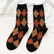 Wool Knitting Socks, Rhombus Pattern Crew Socks, Winter Warm Thermal Socks, Black, 10mm(COHT-PW0001-59A)