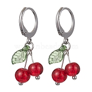 Cherry Glass with Acrylic Dangle Leverback Earrings, Stainless Steel Color, 29mm(EJEW-JE05612)