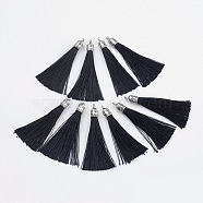 Nylon Tassels Big Pendant Decorations, with Antique Silver Alloy Findings, Black, 55~67x7mm, Hole: 2mm(X-STAS-F142-07C)