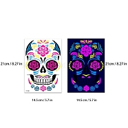 Heat Tranfer Luminous Printing Body Art Face Tattoo Sticker, Skull, for Halloween, Colorful, 21x14.5cm(PW-WG23340-08)