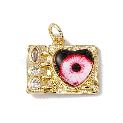 Brass Micro Pave Clear Cubic Zirconia Pendants, Rectangle with Heart Charm, with Eye Resin and Jump Rings, Lead Free & Cadmium Free, Real 18K Gold Plated, Black, 16x18.5x4.5mm, Hole: 4mm(KK-I692-05G-02)