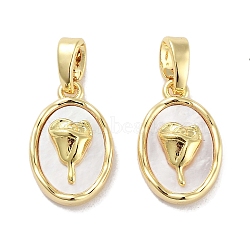 Brass Pave Natural Shell Oval with Rose Charms, Real 18K Gold Plated, 14x9x4.5mm, Hole: 4x2mm(KK-C051-20G)