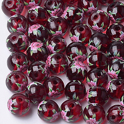 Printed & Spray Painted Transparent Glass Beads, Round with Flower Pattern, Dark Red, 8~8.5x7.5mm, Hole: 1.4mm(GLAA-S047-04A-15)