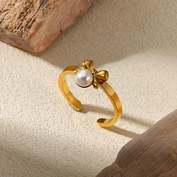 304 Stainless Steel Plastic Pearl Open Cuff Ring for Women, Bowknot, Real 18K Gold Plated, 10x9mm(RJEW-Z088-05G)