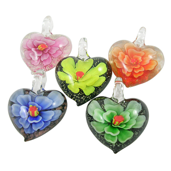 Handmade Lampwork Pendants, Heart, Mixed Color, about 35mm wide, 43mm long, hole: 7mm