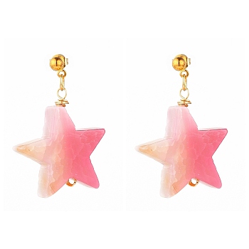 Natural Agate Star Dangle Stud Earrings, with Iron Ball Stud Earring Findings and Brass Ear Nuts, Golden, Hot Pink, 1-1/2 inch(38mm), Pin: 0.7mm