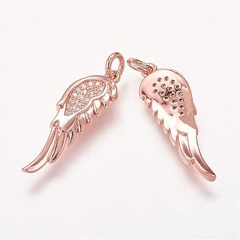 Brass Micro Pave Cubic Zirconia Pendants, Wing, Rose Gold, 25.5x8x2mm, Hole: 2.5mm