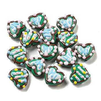 Hand Painted Acrylic with Enamel Beads, Heart, Sea Green, 15~18.5x19
~21x10~15mm, Hole: 2.2mm