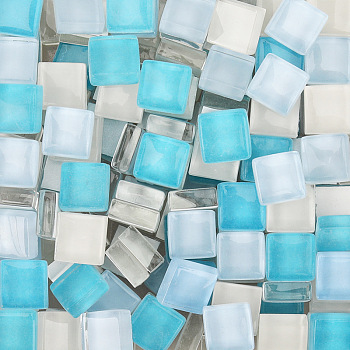 Transparent Glass Cabochons, Mosaic Tiles, for Home Decoration or DIY Crafts, Square, Cyan, 10x10x4mm, 200pcs/bag