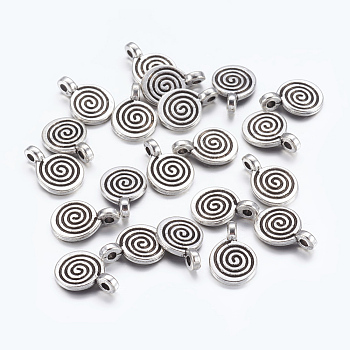 Tibetan Style Alloy Charms, Flat Round with Swirl, Cadmium Free & Nickel Free & Lead Free, Antique Silver, 11.8x8x1.5mm, Hole: 1mm
