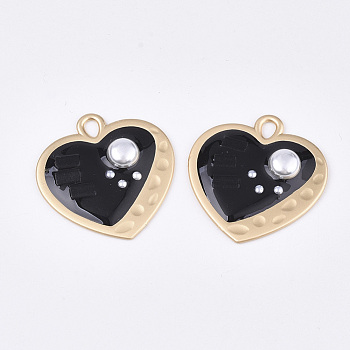 Epoxy Resin Pendants, with ABS Plastic Imitation Pearl and Glass, Alloy Findings and Enamel, Heart, Matte Gold Color, Black, 35x33.5x5.5mm, Hole: 3x4.5mm
