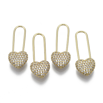 Brass Safety Pins Earrings, with Cubic Zirconia, Heart, Nickel Free, Real 16K Gold Plated, 27x10.5x4.5mm, pin: 1mm