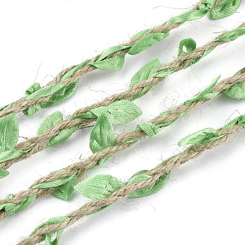 Polyester Leaf Trim Ribbon, with Hemp Twine, for Wedding Party Home Decoration, Lime Green, 5~6x2~2.5mm, about 100m/bundle