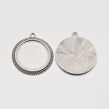 Flat Round Tibetan Style Pendant Cabochon Settings, Plain Edge Bezel Cups, Lead Free & Cadmium Free & Nickel Free, Antique Silver, Tray: 30mm, 38x2.5mm, Hole: 3mm, about 100pcs/1000g