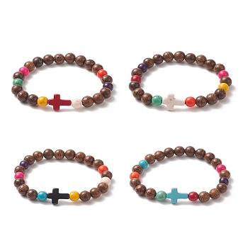 Dyed Synthetic Turquoise Cross & Wood Round Beaded Stretch Bracelet for Women, Mixed Color, Inner Diameter: 1-3/4 inch(4.5cm)