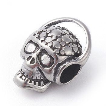 316 Surgical Stainless Steel European Beads, Large Hole Beads, Skull, Antique Silver, 12x16.5x8.5mm, Hole: 4mm