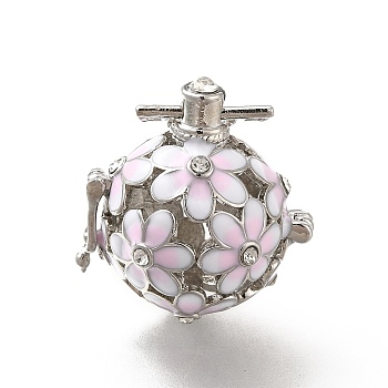 Alloy Crystal Rhinestone Bead Cage Pendants, Hollow Flower Charm, with Enamel, for Chime Ball Pendant Necklaces Making, Platinum, Lavender Blush, 34mm, Hole: 6x3mm, Bead Cage: 26x25x21mm, 18mm Inner Size