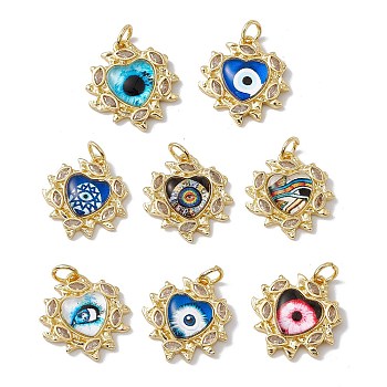 Brass Micro Pave Clear Cubic Zirconia Pendants, with Resin and Jump Rings, Lead Free & Cadmium Free, Heart with Eye Charm, Real 18K Gold Plated, Mixed Color, 21.5x20x4.5mm, Hole: 4mm